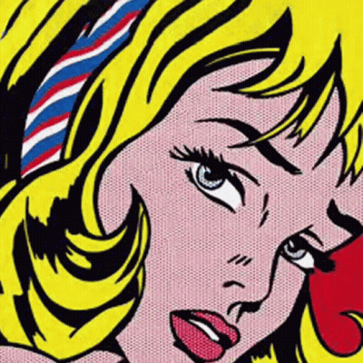 A Close Up Of A Pop Art Painting Of A Woman 'S Face With A Headband On Her Head . GIF