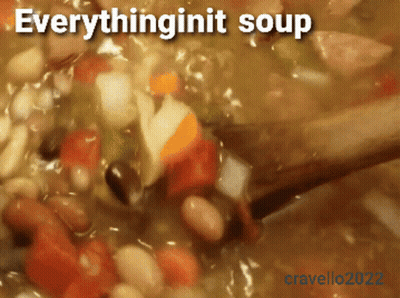 A Close Up Of A Pot Of Soup With The Words Everythinginit Soup Written On The Bottom GIF