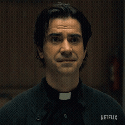 A Close Up Of A Priest 'S Face With Netflix Written On The Bottom GIF