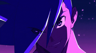 A Close Up Of A Purple And Blue Anime Character GIF