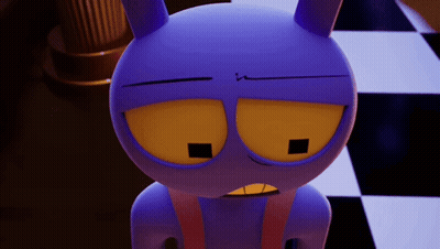 A Close Up Of A Purple Cartoon Character On A Checkerboard Floor GIF