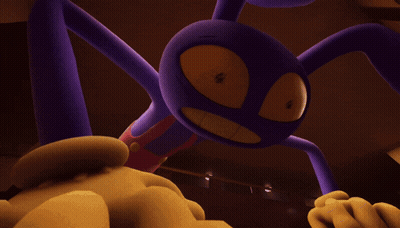A Close Up Of A Purple Cartoon Character With A Yellow Face GIF