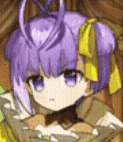 A Close Up Of A Purple Haired Anime Girl With A Yellow Bow On Her Hair . GIF