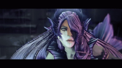 A Close Up Of A Purple Haired Woman With Wings GIF