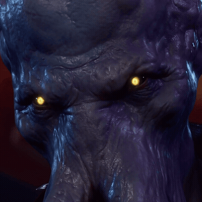 A Close Up Of A Purple Monster 'S Face With Glowing Eyes GIF