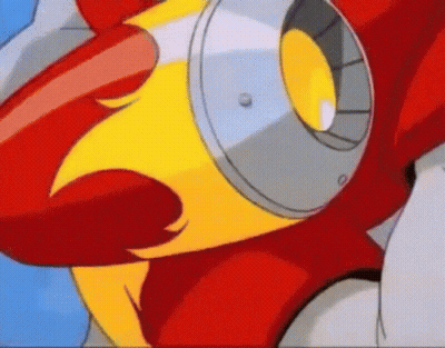 A Close Up Of A Red And Yellow Cartoon Character With A Rocket . GIF