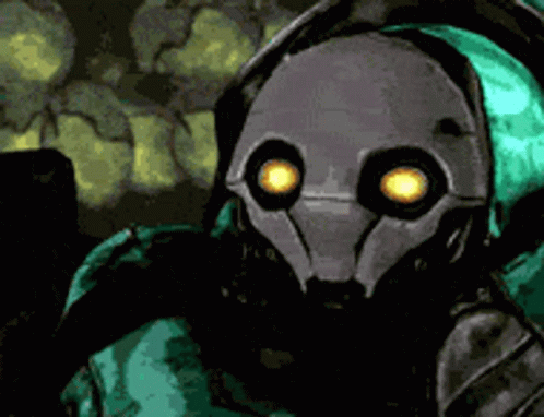 A Close Up Of A Robot With Yellow Eyes And A Green Hood GIF
