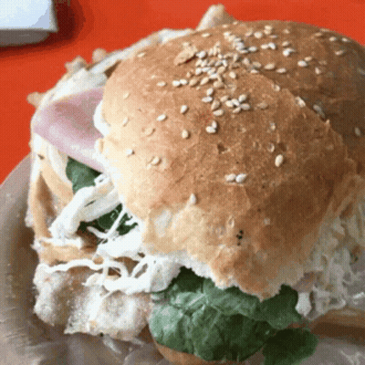 A Close Up Of A Sandwich On A Plate With Sesame Seeds On It GIF