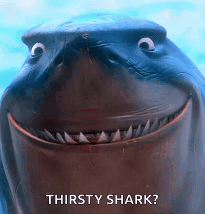 A Close Up Of A Shark With The Words " Thirsty Shark " Above It GIF