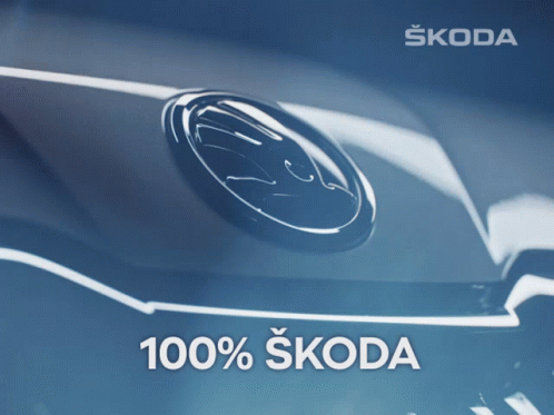 A Close Up Of A Skoda Logo With 100 % Skoda Written Below It GIF