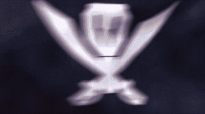 A Close Up Of A Skull And Crossed Swords On A Dark Background GIF