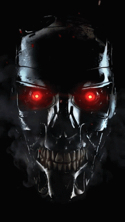 A Close Up Of A Skull With Red Eyes On A Black Background GIF