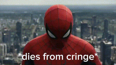A Close Up Of A Spiderman Standing In Front Of A City With The Words `` Dies From Cringe '' Written Below Him . GIF