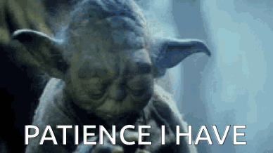 A Close Up Of A Statue Of Yoda With The Words `` Patience I Have '' Written Below Him . GIF