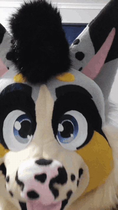A Close Up Of A Stuffed Animal 'S Face With Blue Eyes And A Pink Nose GIF