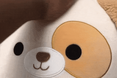 A Close Up Of A Stuffed Animal With A Dog Face On It GIF
