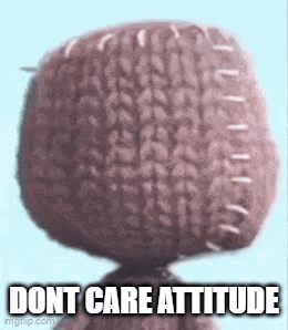 A Close Up Of A Stuffed Animal With The Words `` Do N't Care Attitude '' Written On It . GIF