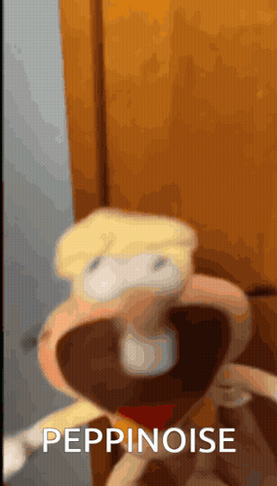 A Close Up Of A Stuffed Animal With The Words Peppinoise Written Below It GIF