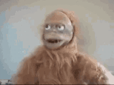 A Close Up Of A Stuffed Monkey 'S Face With Blue Eyes . GIF