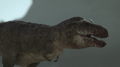 A Close Up Of A T-Rex Dinosaur With Its Mouth Open GIF