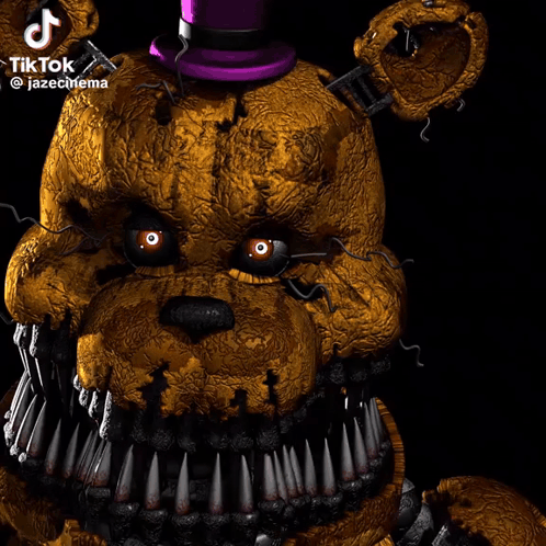 A Close Up Of A Teddy Bear With Sharp Teeth And A Purple Top Hat That Says Tiktok GIF