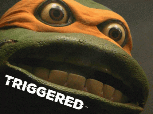 A Close Up Of A Teenage Mutant Ninja Turtle 'S Face With The Word Triggered On The Bottom GIF