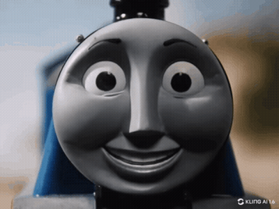 A Close Up Of A Thomas The Tank Engine 'S Face With A Kling Ai Logo In The Corner GIF