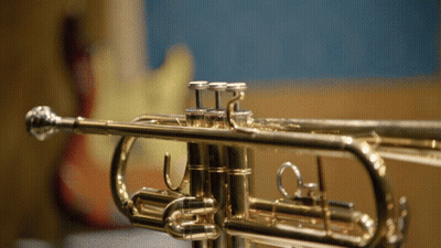A Close Up Of A Trumpet With A Guitar Behind It GIF