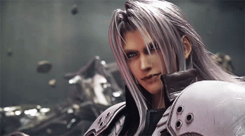 A Close Up Of A Video Game Character With Long Gray Hair And Armor . GIF