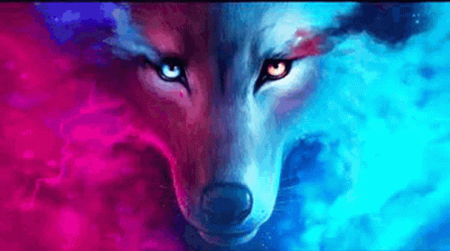 A Close Up Of A Wolf 'S Face With Red And Blue Eyes GIF
