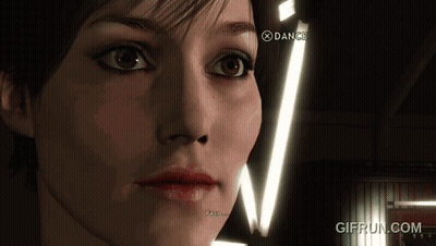A Close Up Of A Woman 'S Face In A Video Game With A Dance Button In The Corner GIF