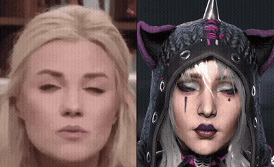 A Close Up Of A Woman 'S Face Next To A Close Up Of A Woman 'S Face In A Cat Costume GIF