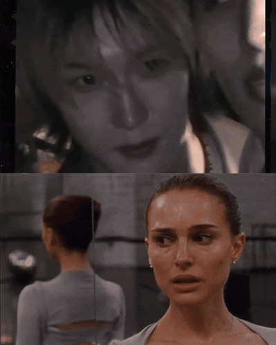 A Close Up Of A Woman 'S Face Next To Another Woman 'S Face GIF