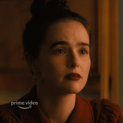 A Close Up Of A Woman 'S Face With A Prime Video Arrow In The Corner GIF