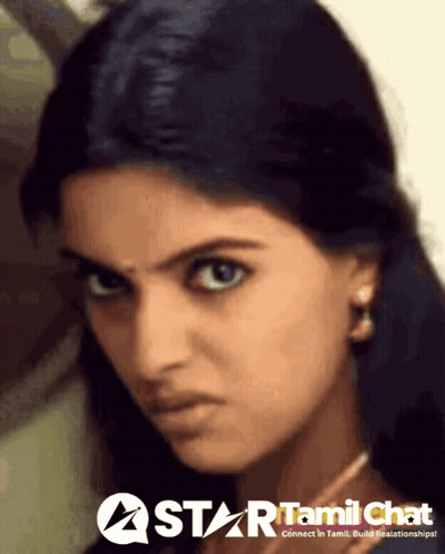 A Close Up Of A Woman 'S Face With A Star Tamil Chat Logo In The Corner GIF