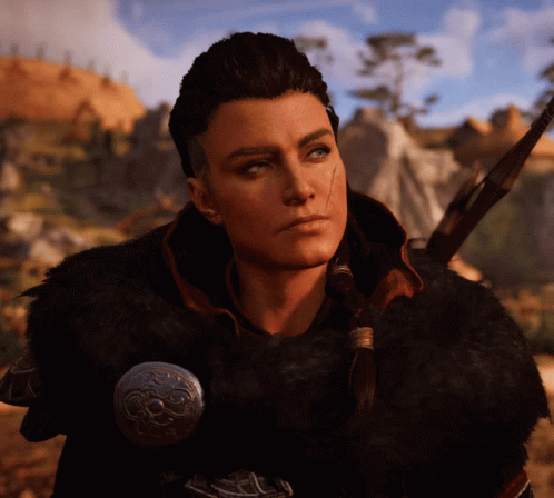 A Close Up Of A Woman 'S Face With A Sword In Her Hand GIF
