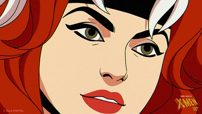 A Close Up Of A Woman 'S Face With A X-Men Logo In The Corner GIF