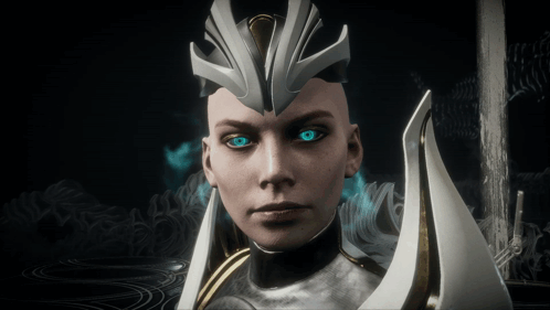 A Close Up Of A Woman 'S Face With Blue Eyes In A Video Game GIF