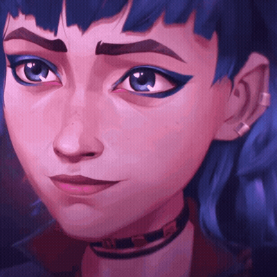 A Close Up Of A Woman 'S Face With Blue Hair And A Choker GIF