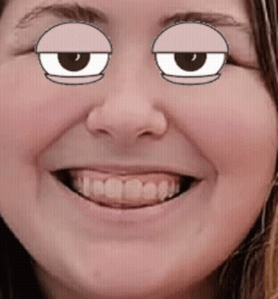 A Close Up Of A Woman 'S Face With Cartoon Eyes And A Smile . GIF