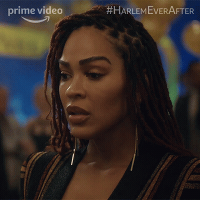 A Close Up Of A Woman 'S Face With #Harlem Ever After Written On The Bottom GIF