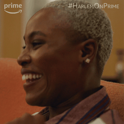 A Close Up Of A Woman 'S Face With #Harlemonprime Written Above Her GIF