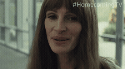 A Close Up Of A Woman 'S Face With #Homecoming Tv Written On The Bottom Right GIF
