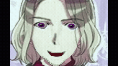 A Close Up Of A Woman 'S Face With Purple Eyes And A Red Mouth . GIF
