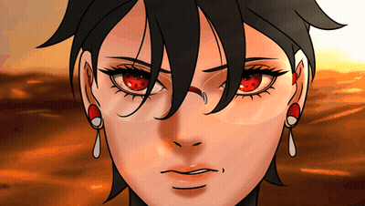 A Close Up Of A Woman 'S Face With Red Eyes And Earrings GIF
