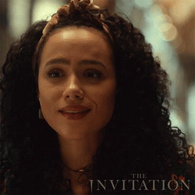 A Close Up Of A Woman 'S Face With The Invitation Written On The Bottom Right GIF