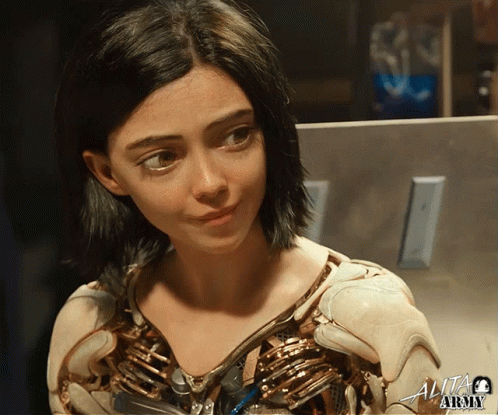 A Close Up Of A Woman 'S Face With The Word Alita Army In The Corner GIF