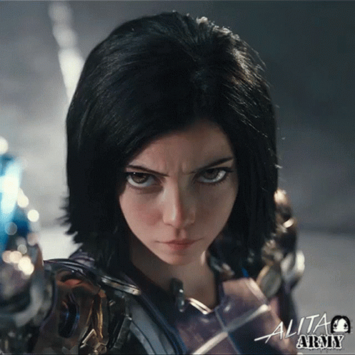 A Close Up Of A Woman 'S Face With The Word Alita Army On The Bottom GIF