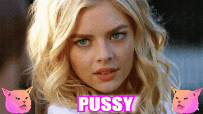 A Close Up Of A Woman 'S Face With The Word Pussy In Pink Letters GIF