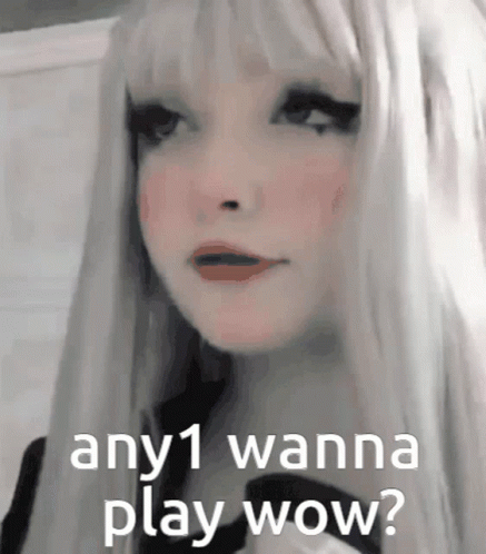 A Close Up Of A Woman 'S Face With The Words " Any1 Wanna Play Wow ? " GIF
